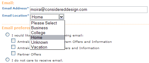 Email location field on Amtrak form